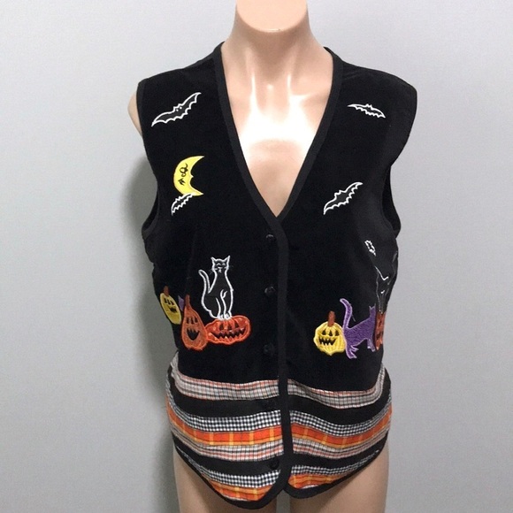 Victoria Jones Halloween Vest Kitsch Pumpkins Bats - Picture 1 of 6